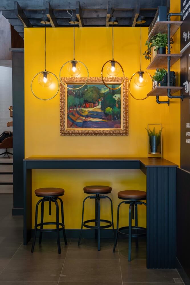 goldstruck yellow wall painting bar stools